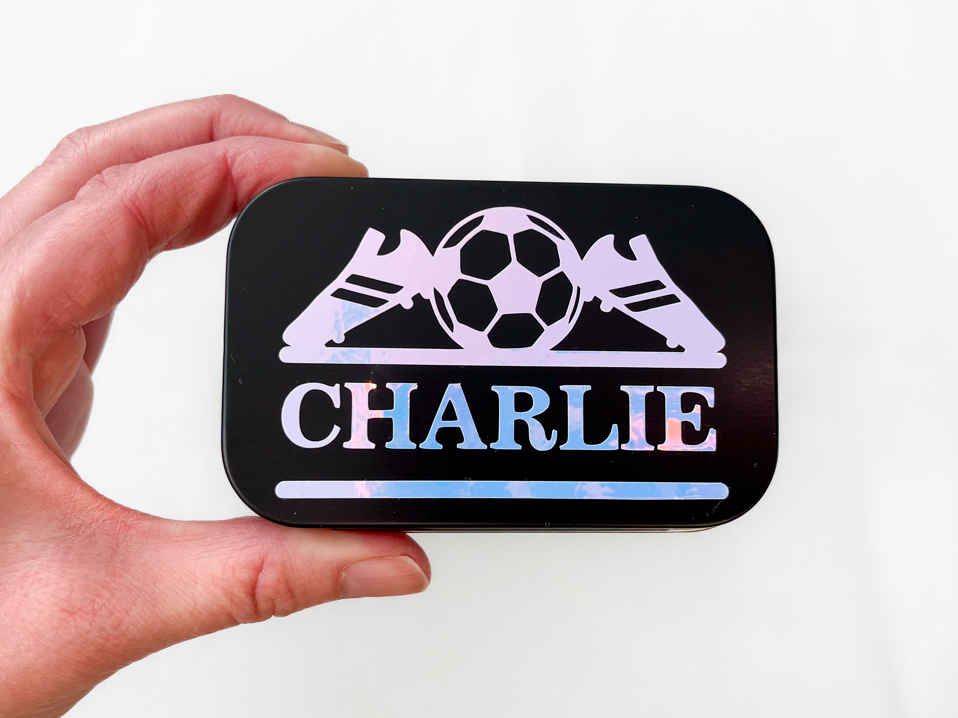 Football themed personalised keepsake tin, adhesive vinyl